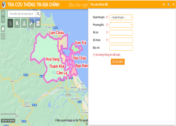 Phần tìm kiếm của cổng thông tin đất đai thành phố Đà Nẵng